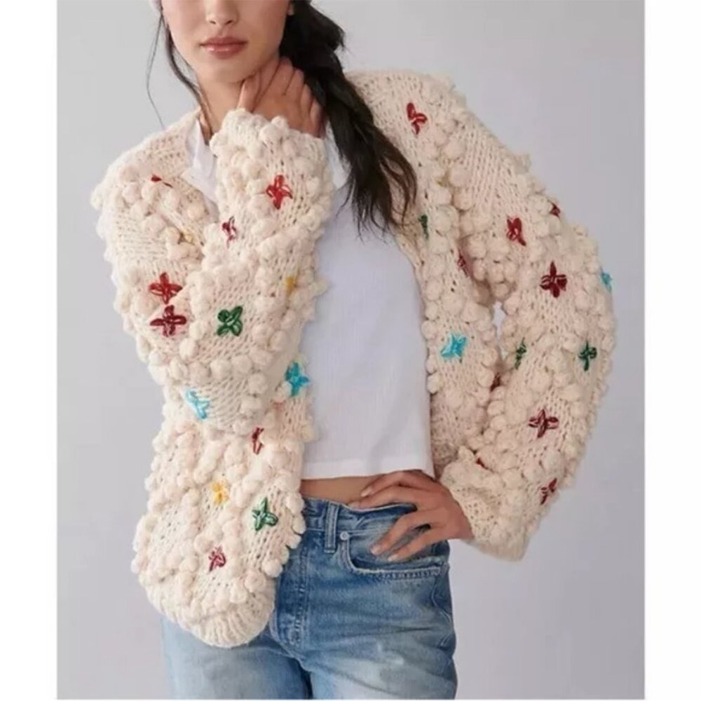 Anthropologie Saachi Aria Popcorn Knit Pom Pom Open Cardigan in Ivory One Size